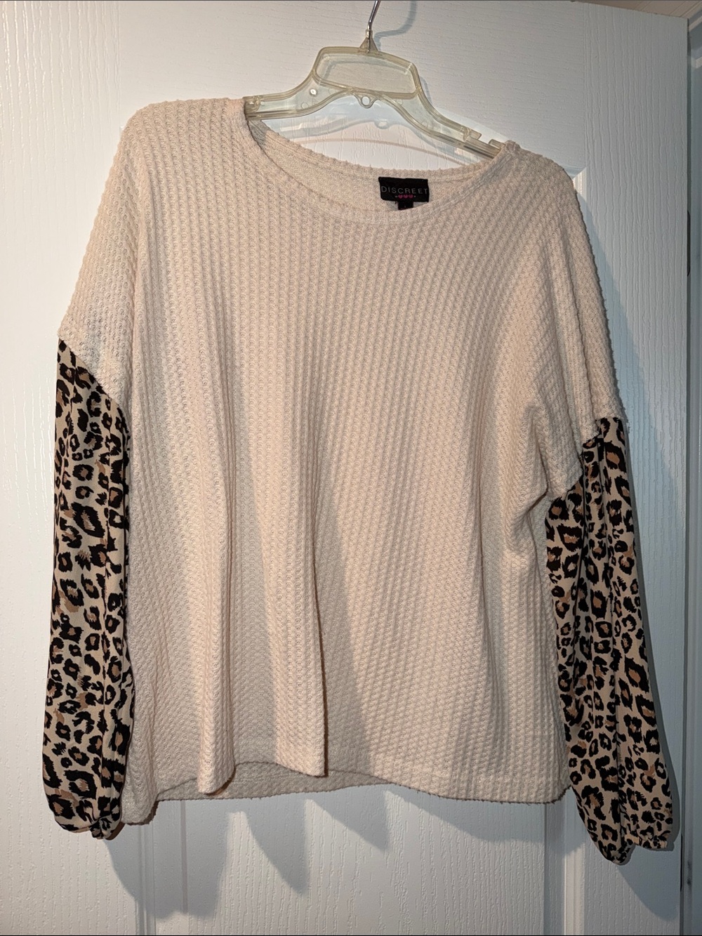 Discreet Cream Waffle Knit Top with Leopard Sleeve Panels